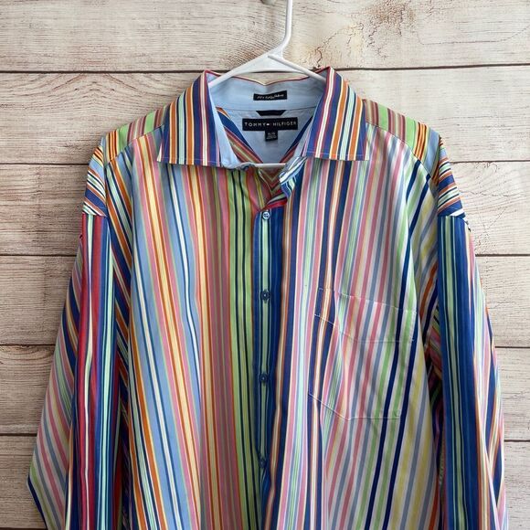VINTAGE TOMMY HILFIGER BRIGHT MULTICOLORED STRIPES SHIRT - Picture 2 of 10